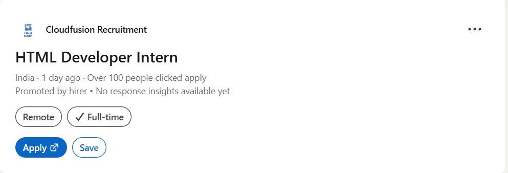 Read more about the article HTML Developer Intern – Remote Internship in India with Cloudfusion Recruitment | Exciting Opportunity