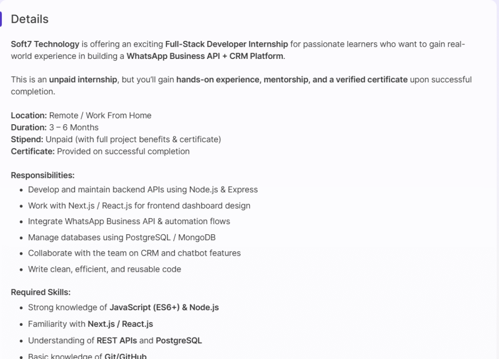 Soft7 Technology Full-Stack Developer Internship 