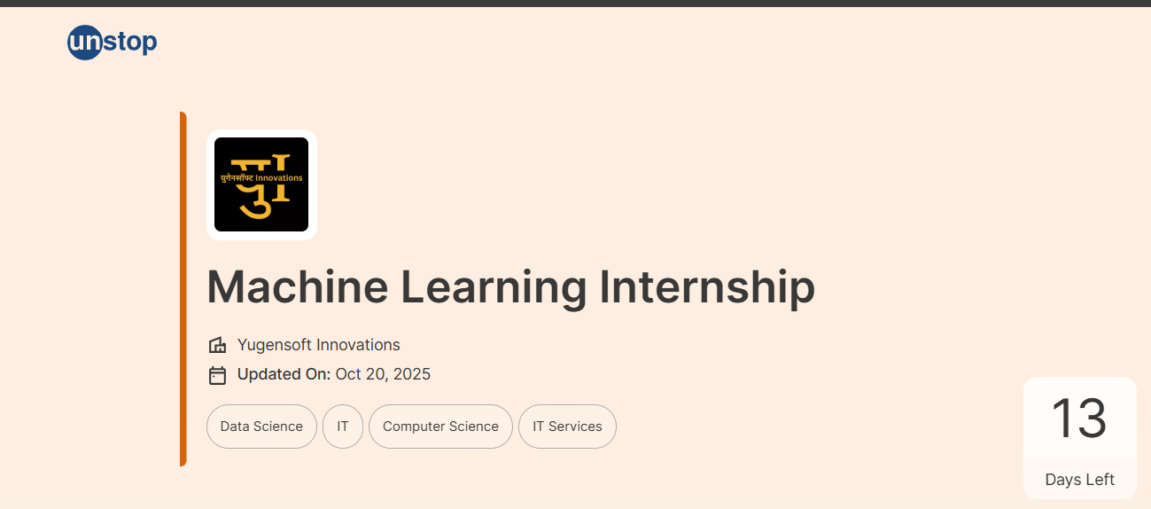 Read more about the article Machine Learning Internship at Yugensoft Innovations – Exciting Unstop Opportunity for AI Enthusiasts